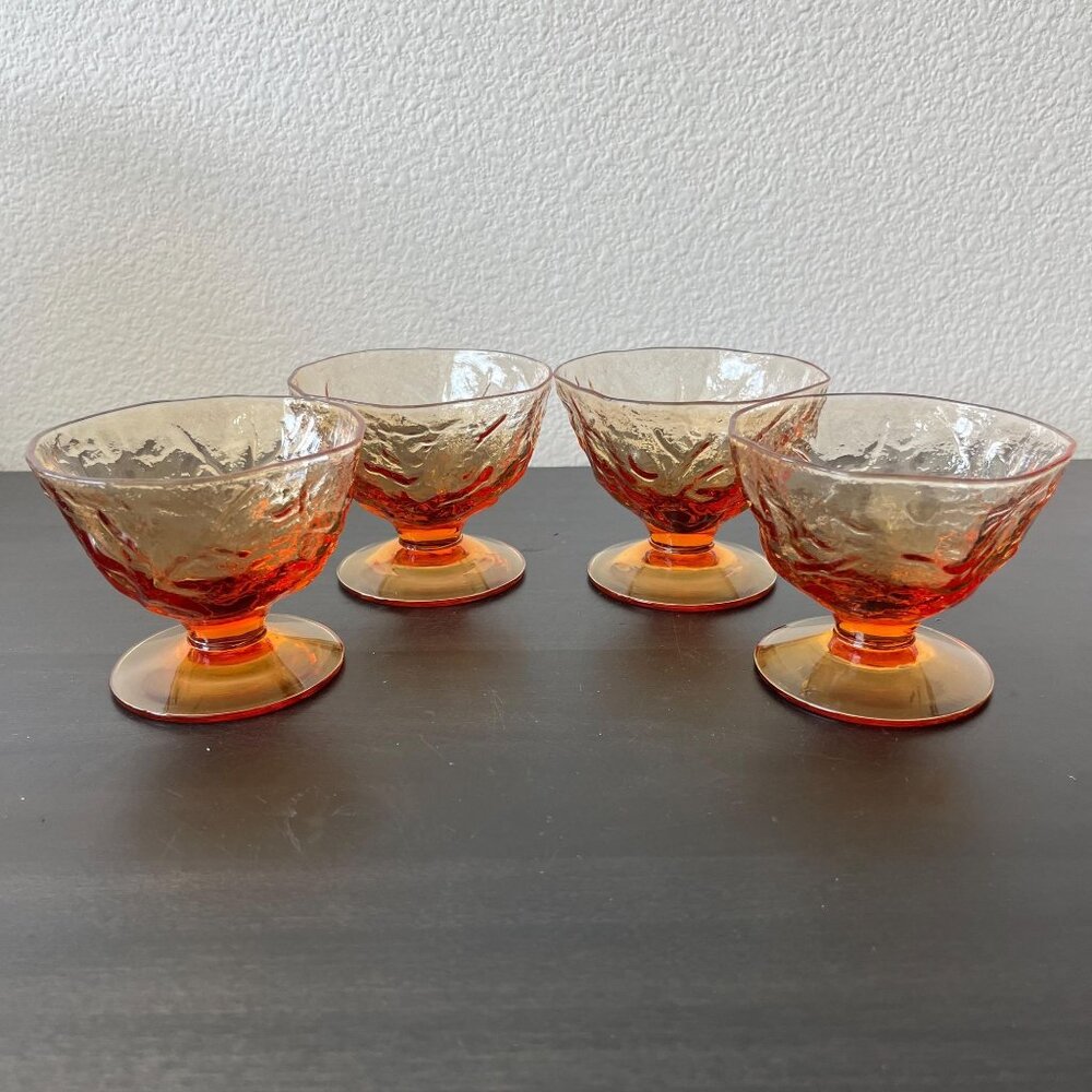 Seneca Glass Driftwood Amber Dessert Bowls // Set of 4 // Crinkle Glass Pedestal